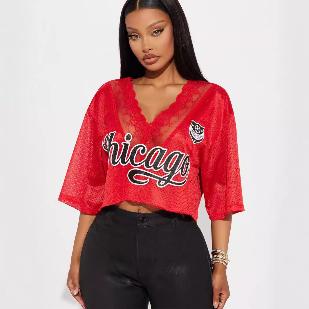 Designer T Shirt Summer New European And American Fashion Retro Street Letter Print Loose V Neck Lace Patchwork Short Sleeve T Shirt Essentials Summer
