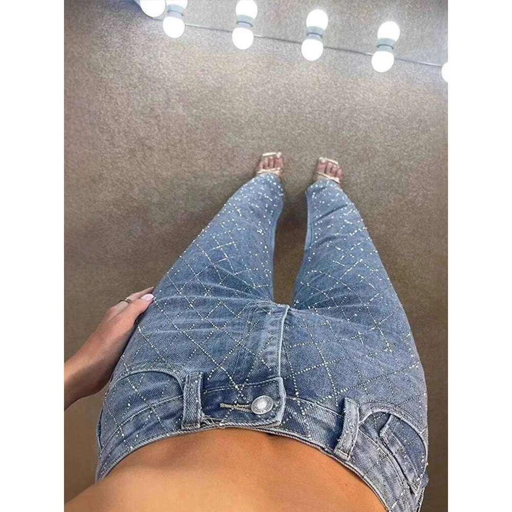 Coats Designer Women Dia-Shaped Rhinestones Woman's Denim Shiny Dia Straight Jeans For Women Rise Trousers Y2k High Street Pants Designer