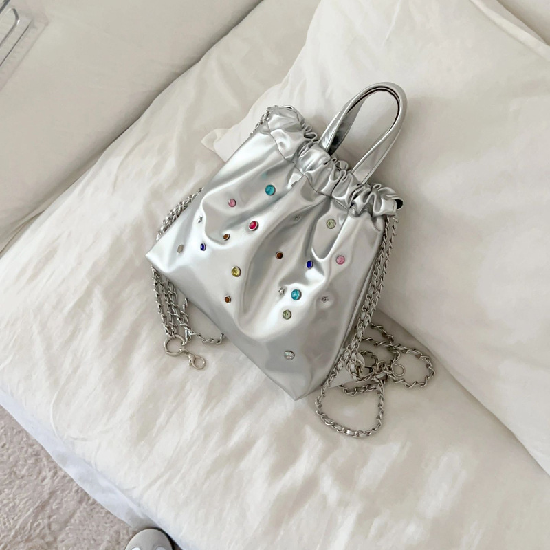 designer New Silver Niche Colorful Gemstone Chain Backpack Diamond Handbag Simple Versatile Drawstring Handbag