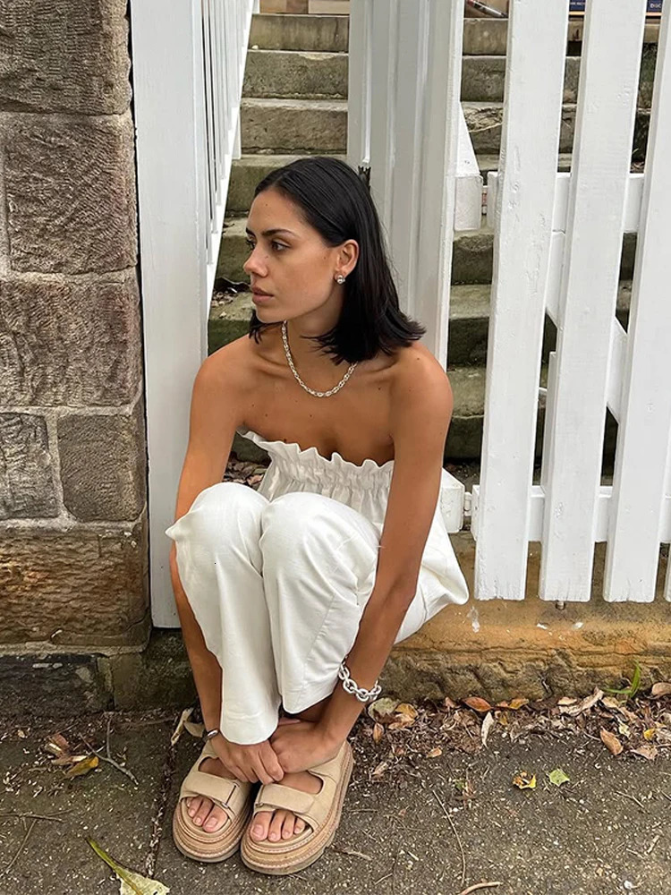 Sexy Womens Two Pieces Set Pleated Tube Top Trouser Suits Solid Sleeveless Straight Pants 2025 Summer Fashion Female Suit 250530