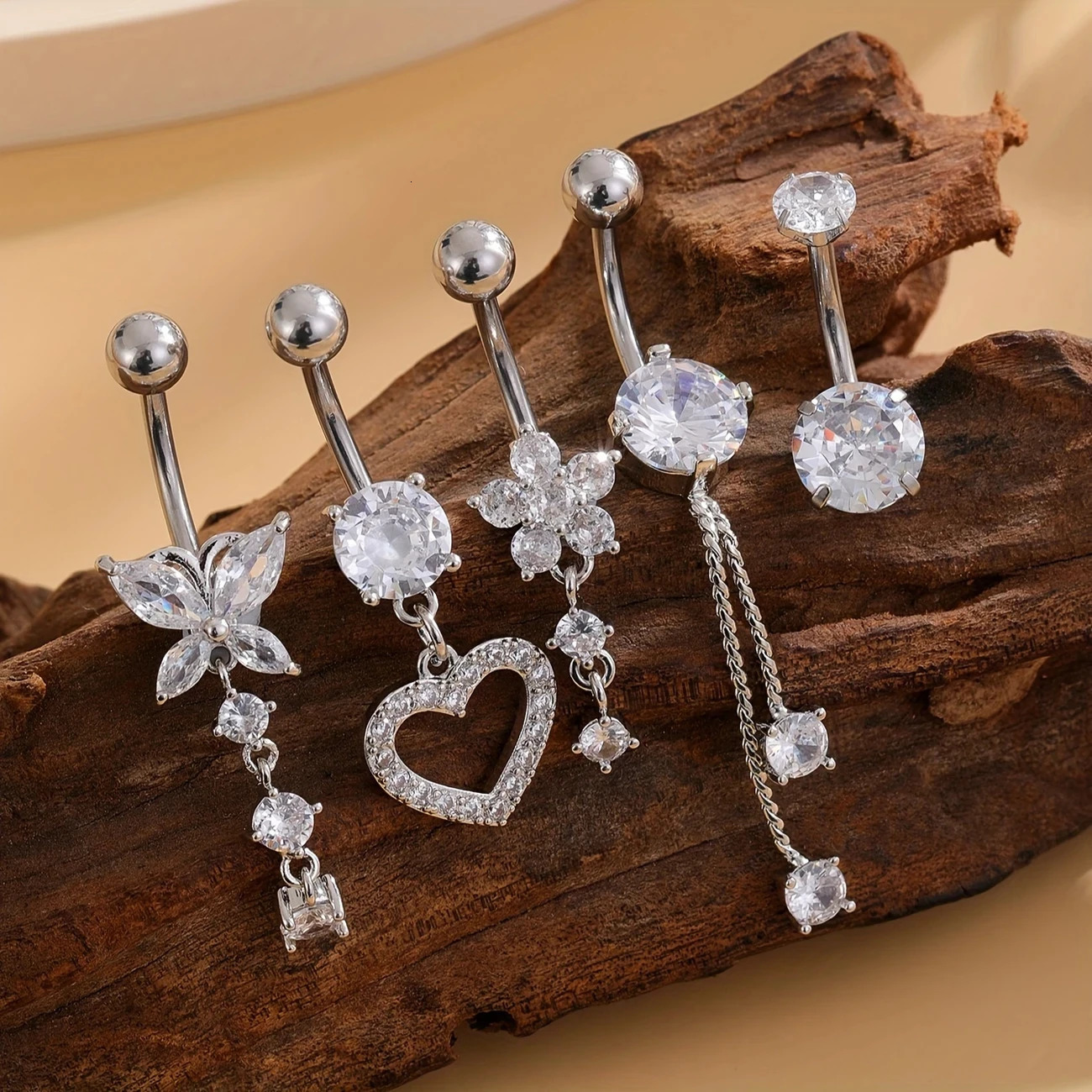 Set of 5pcs Stainless Steel Zirconia Inlaid Belly Button Rings With Butterfly/Heart/Flower s Boho Navel Piercing Jewelry 250530