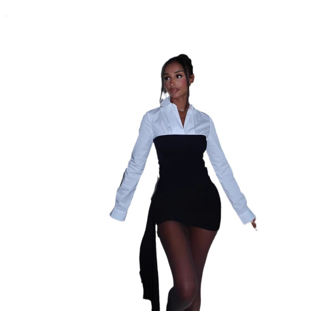 Designer T Shirt Autumn New Fashion Sexy White Collar Elegant Color Block Turn Down Collar Dress For Women Essentials Summer Dress