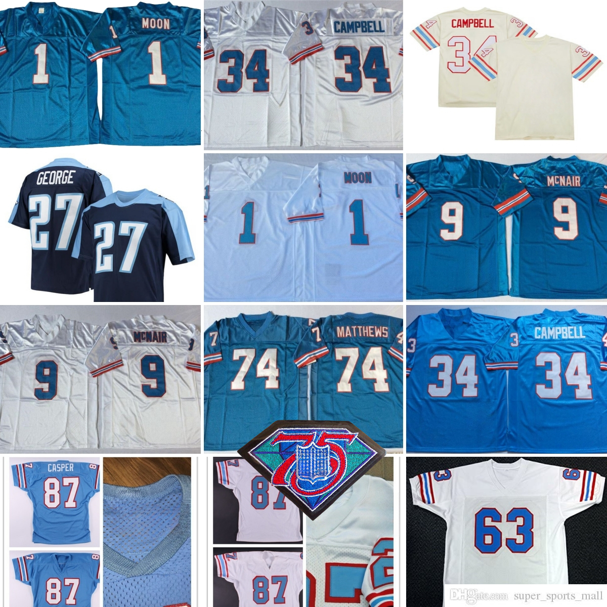 Throwback 34 Earl Campbell Football Jerseys 1999 1 Warren Moon 9 Steve McNair 74 Bruce Matthews 78 Cuyley Culp 27 Eddie George 63 Mike Munchak 87 Casper Stitched Jersey