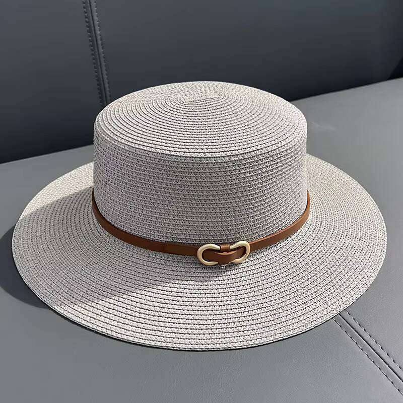 Hot Selling Fashion Women Summer Beach Sun Paper Straw Flat Top Boater Hat With Trendy Belt