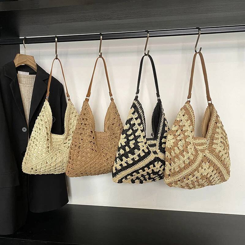 2025 New Summer Straw Woven Bag Hollow Handbag Solid Beach Shoulder Bag Holiday Travel Handbag Bohemian Designer Women's Shoulder Bag