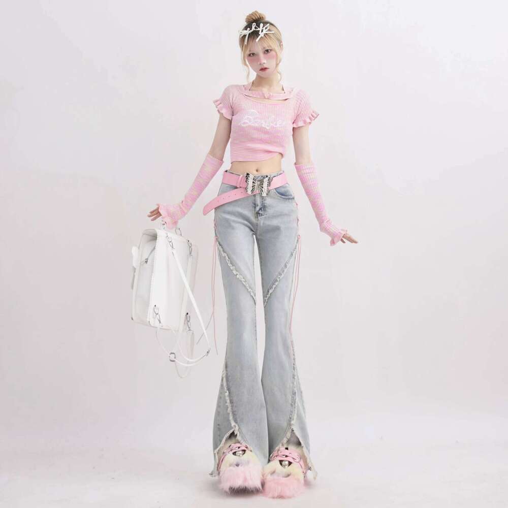 Haruku Streetwear Retro Fashion Women High Waist Jeans Horn Fork Design Wide Leg Straight Loose Denim Trousers Y2k Baggy Pants