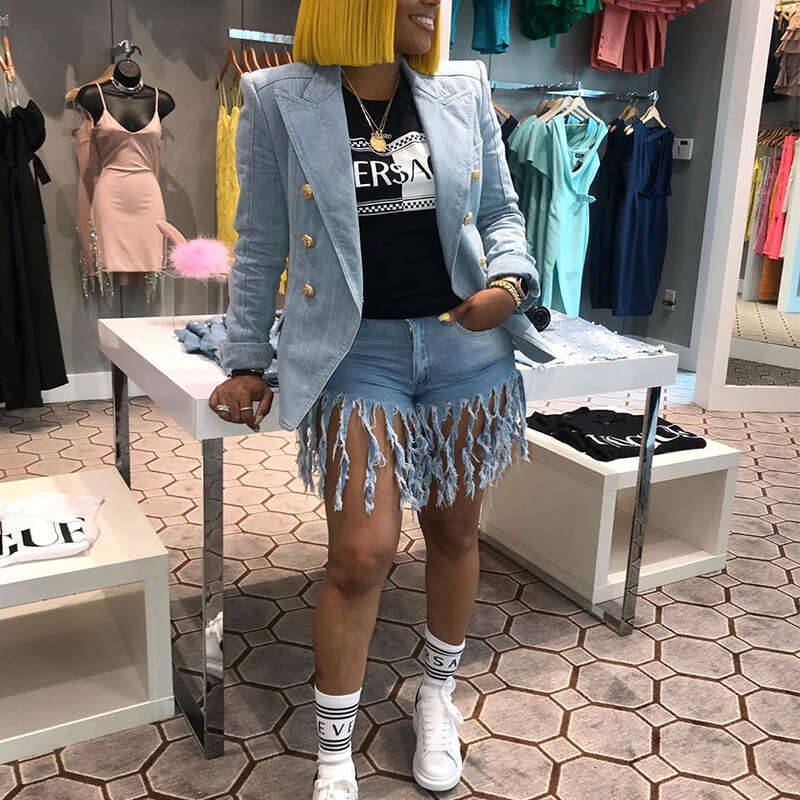 Denim Shorts Jeans Shorts Spring American Trendy Fringe Denim Shorts For Women Ripped Short Jeans