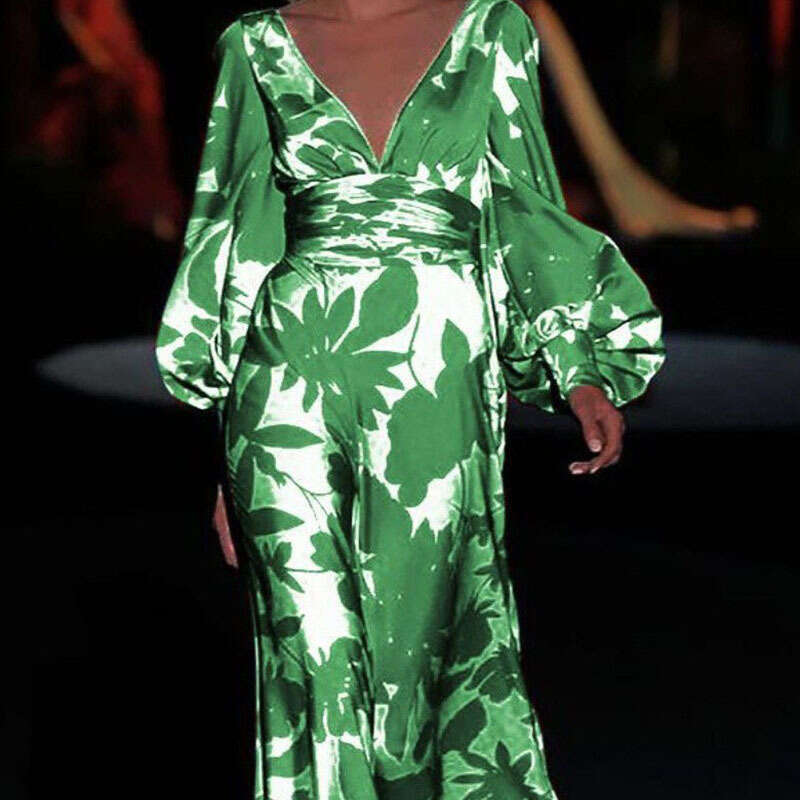 European and American Women's Slim fitting Lantern Sleeve Printed V-neck Long Dress 2025 New Casual Fashion Trendy Clothing