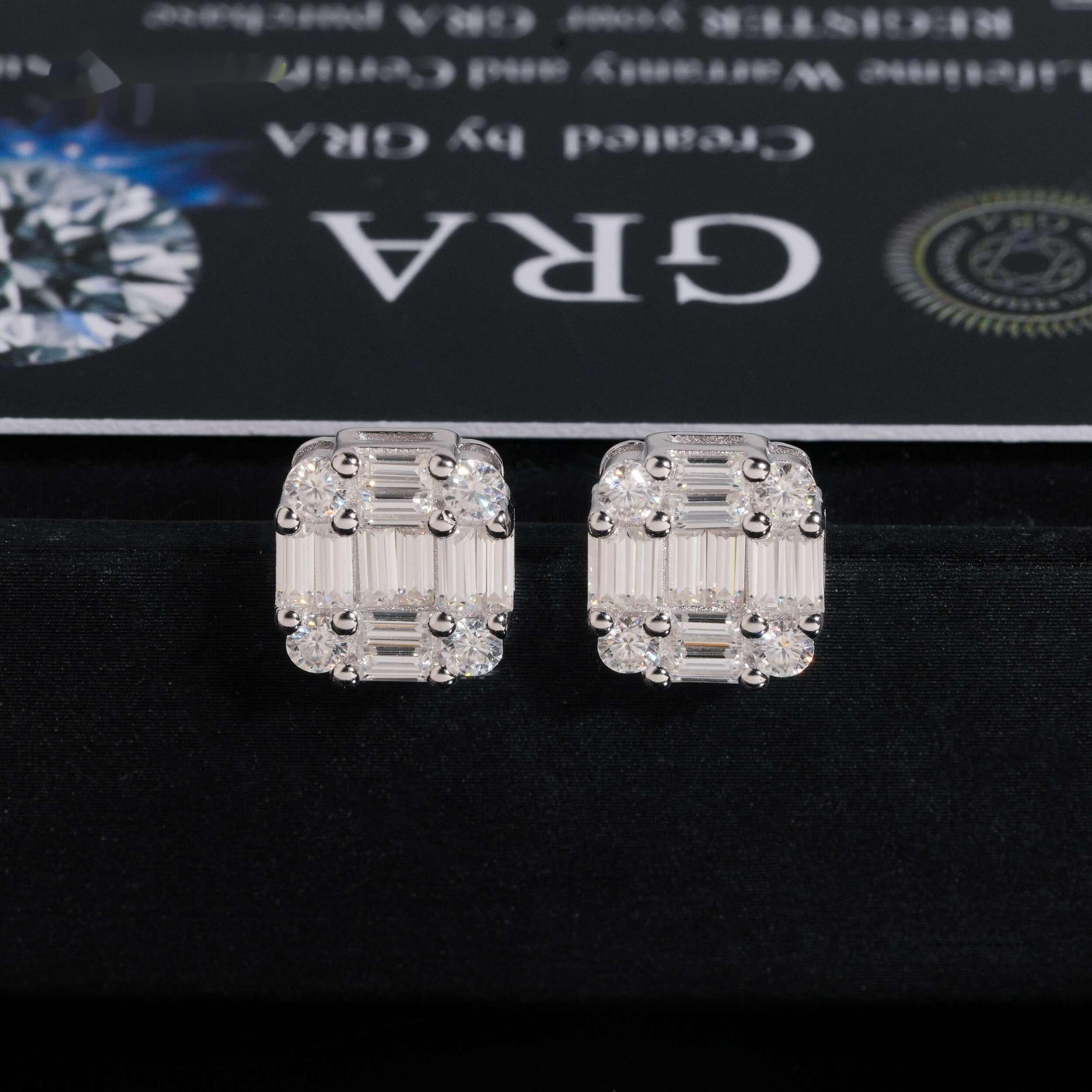 New Arrival Hip Hop Design Baguette Diamond 925 Sterling Silver VVS Iced Out Moissanite Stud Earrings for Men