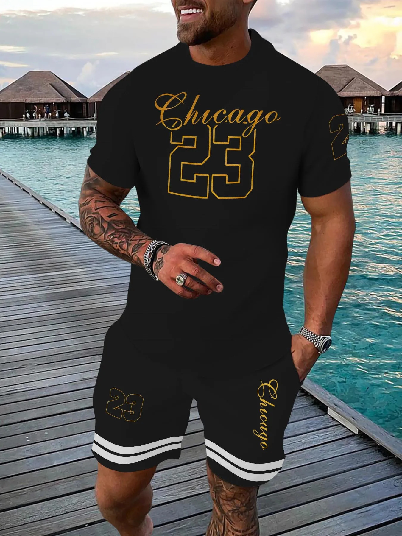 Casual sports suit breathable outdoor leisure mens Tshirt fivepoint pants summer 3D printing adult 250530