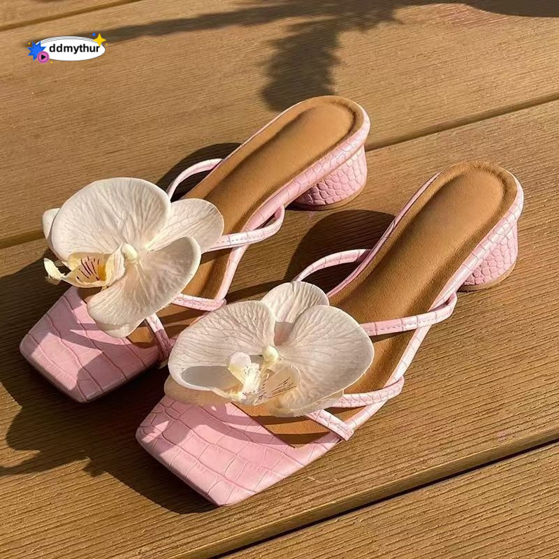 Sheepskin Version~Thailand Niche Floral Sandals for Women Summer Comfortable Square Open Toe Chunky Heel Outdoor Half Mules High Heels