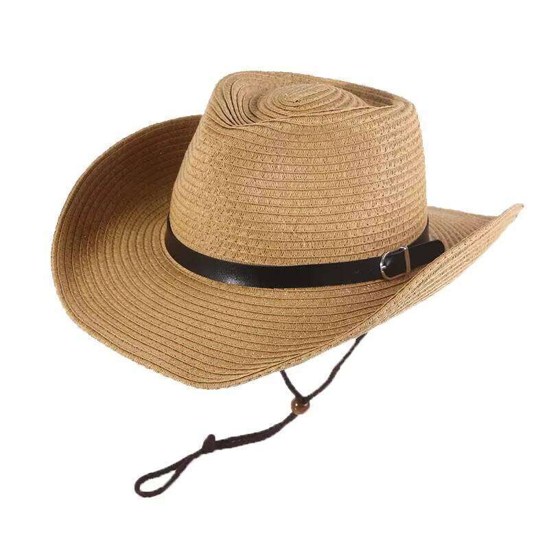 Wholesale Summer Western Cowboy Wide Brim Straw Sun Hat for Beach Travel Fishing Outdoor Casual Use Belt Shapeable