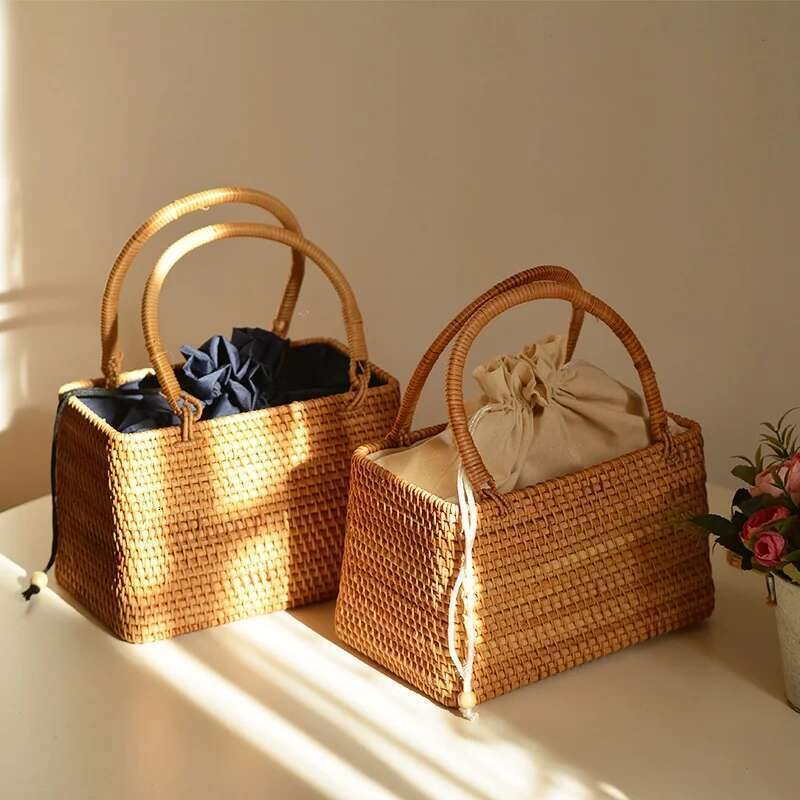 2025 Vieam Pure Handmade Outing Basket Hand-Woven Rattan Handbags Trendy Designer Boho Style Picnic Travel Clutch Bags