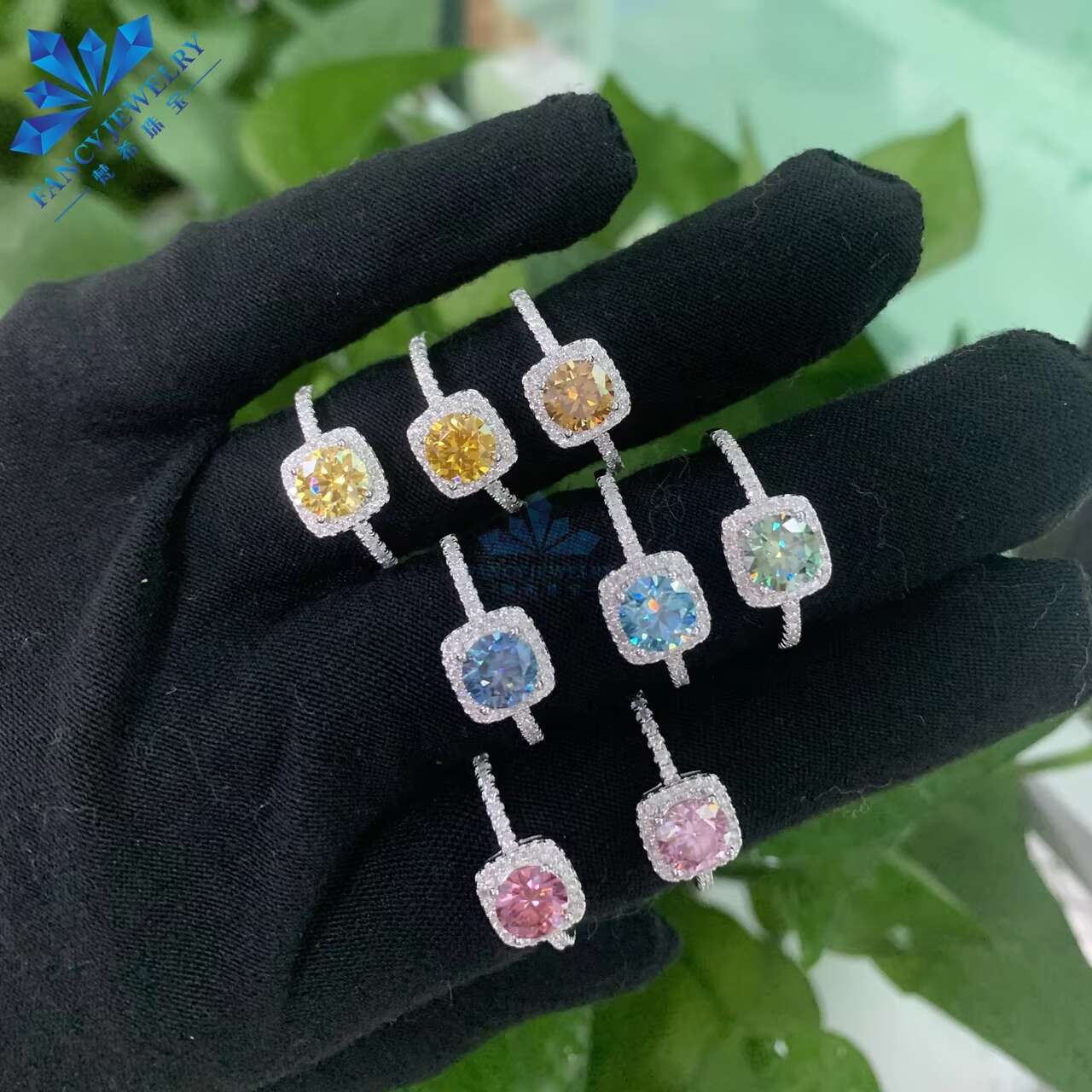 Iced Out Diamond Wedding Ring 1CT 6.5mm Pass Diamond Tester Blue Red Yellow Green Black K Gold Plated Moissanite halo Ring