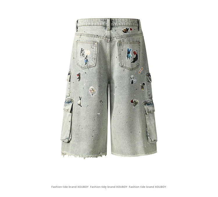 Mens Loose Fit Vibe Style Hip Hop Short Jeans High Streetwear Painted Cargo Denim Shorts With Multi Pockets Printed Jeans 250530