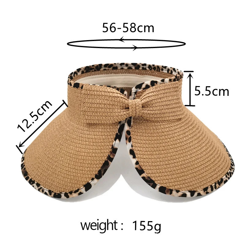 Women Summer Leopard Visors Hat Foldable Wide Large Brim Beachs Hats Outdoor Femme Bow Uv Protection Empty Top Straw Caps 250530