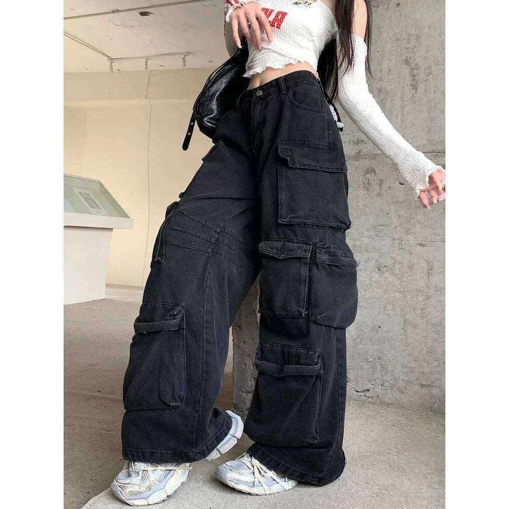 Trashy Y2k 2000S Streetwear Washed Black Baggy Jeans Cargo Pants For Women Clothes Multi Pockets Wide Leg Gothic Lady Trousers