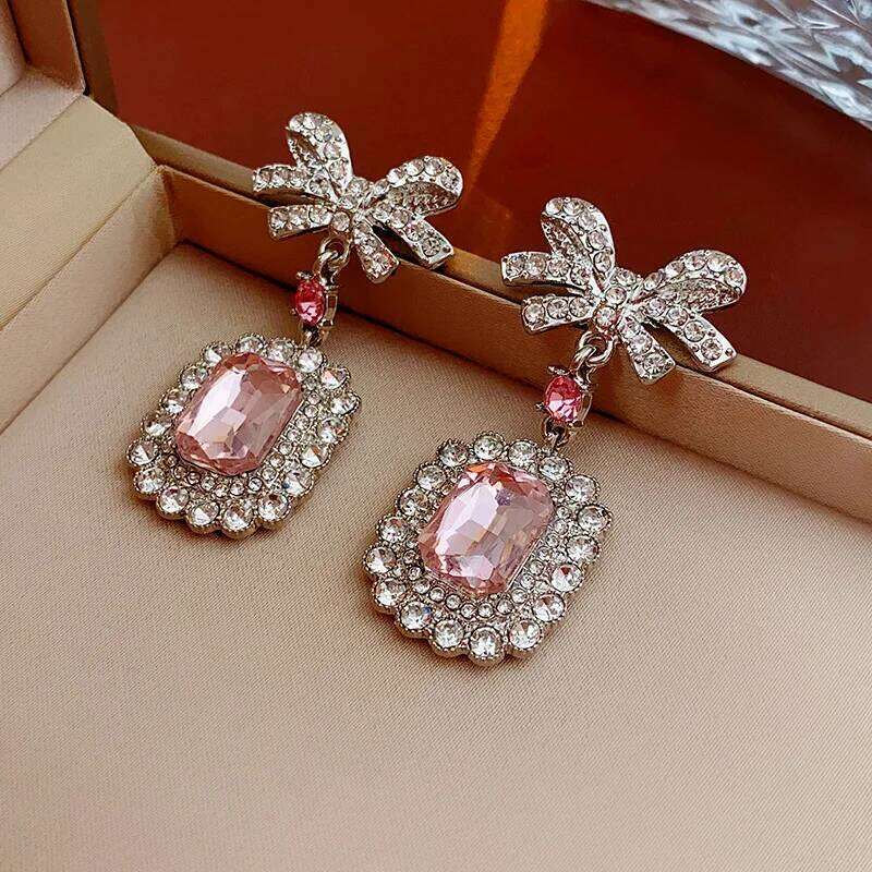 Sweet Square Rhinestone Bow Drop Earring Pendant Necklace Light Temperament High-End Designer Women's Jewelry Sets Party
