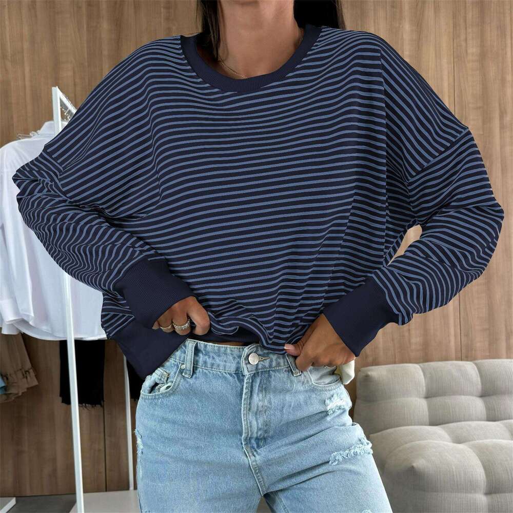 Women's Sweatshirt Early Autumn 2025 New American Style Loose Design Striped Top Round Neck Pullover Long Sleeve T-Shirt Trend