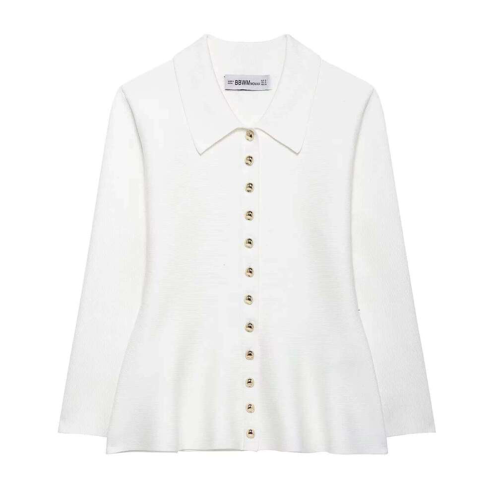 TRAFZA Women's Fashion Knitting Tops White Turn-Down Collar Long Sleeves Single-Breasted Cardigans Female Spring Elegant Top