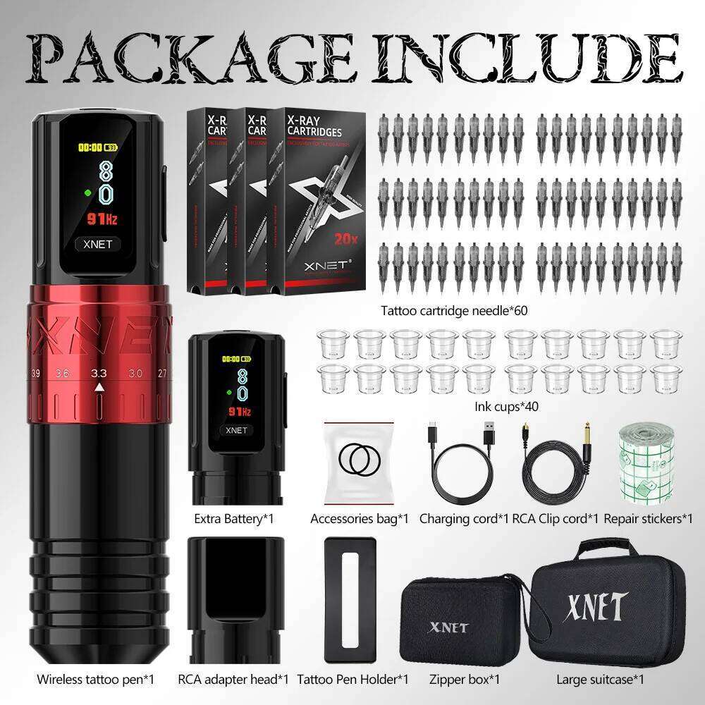 XNET Vipera Wireless Hine Kit Adjustable Stroke 2.4-4.2Mm OLED Display 60Pcs Mixed Cartridge For Tattoo Artists