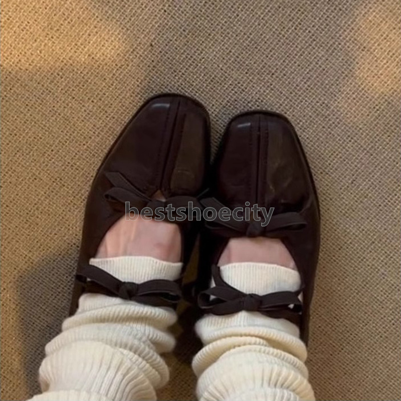 2025 ballet flats heels designer loafers Retro bow strappy Mary Jane shoes balck brown leather sandals daily comfort Soft Sole fashion Anti slip women