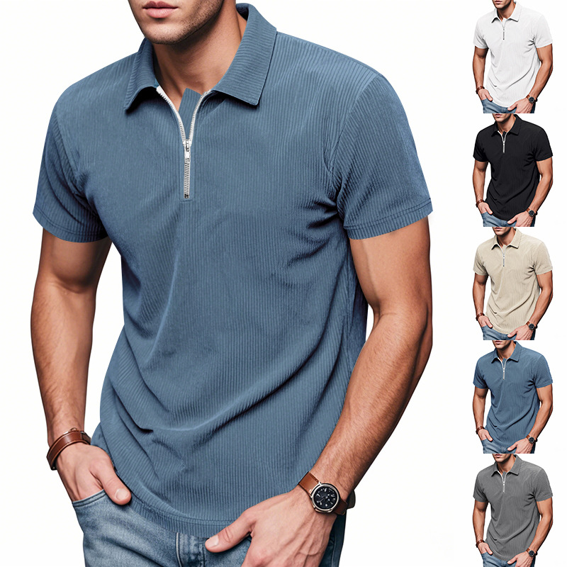 designer t shirt polo shirt Mens Summer Loose Corduroy Amekaji Half Zip Polo Short Sleeve T Shirt