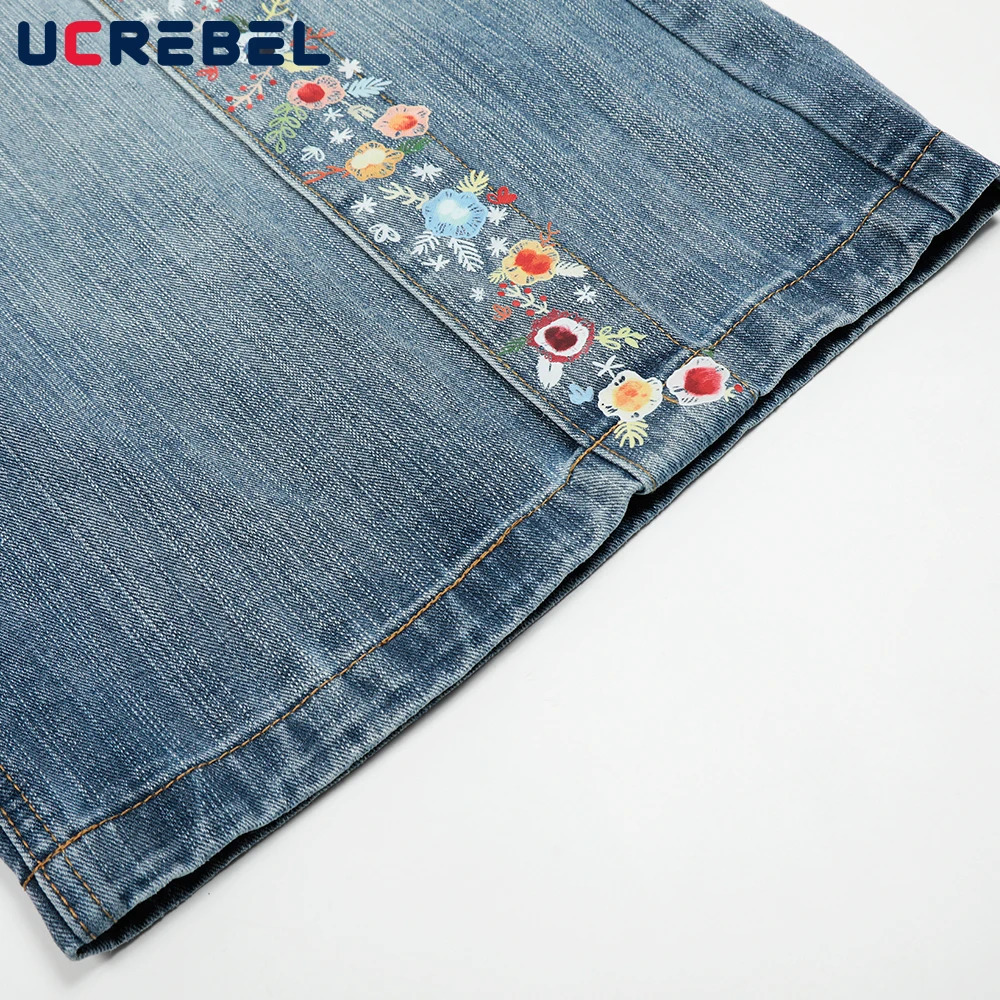 Flower Print Spliced Denim Shorts Mens Retro High Street Washed Distressed Loose Wide Leg Pocket Jeans Cropped Trousers Men 250528