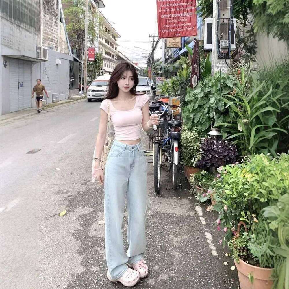 High Waist Embroidered Washed Out Denim Jeans Women Summer Loose Straight Leg Floor Length Pants Blue Color Slim Fit Trousers