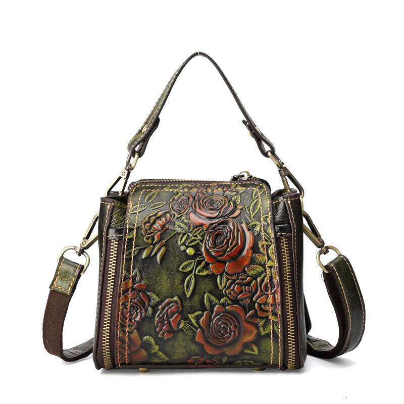 Womens Bag Leather Retro Hand Emed Shoulder Crossbody Vintage Floral Bucket Bags Large Capacity Purse Handbags