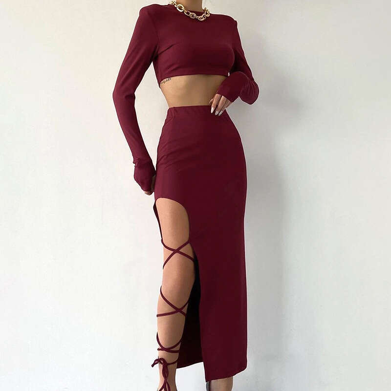 D23ST272 European and American women's autumn color long sleeved round neck top slim fit strap half skirt set 2025 new casual fashion trend cloth