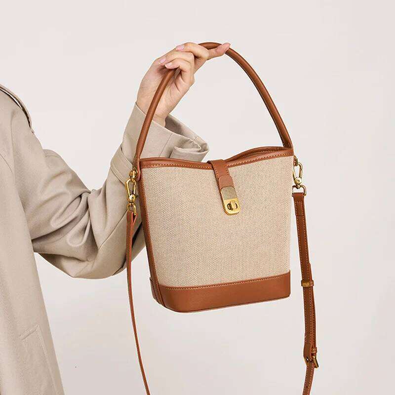 Retro Weaving Female Messenger Bags Color Splicing Women Bucket Shoulder Bag Canvas Combining Man-Made Leather Ladies' Handbags