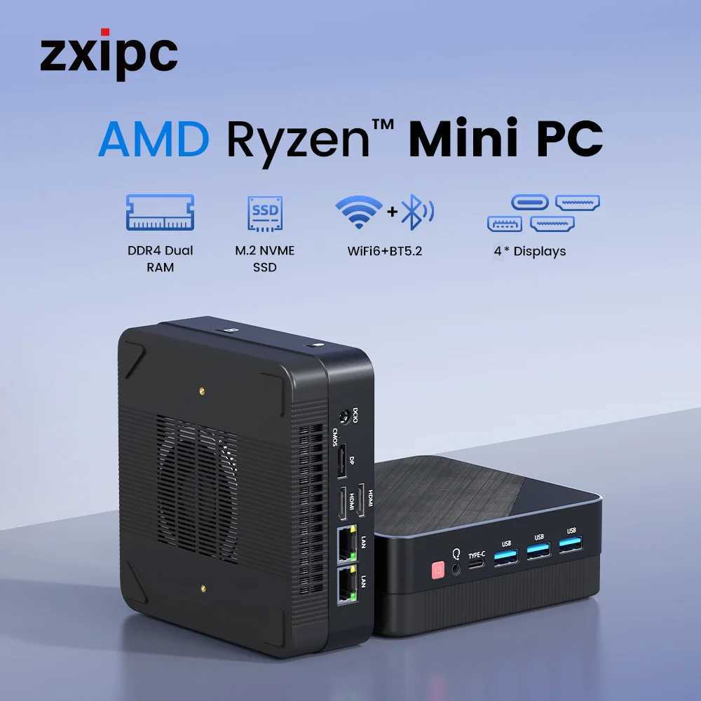 ZXIPC Mini PC Ryzen 7 5800U 4800H 4500U 5500U DDR4 16GB 512GB Nvme SSD WIFI6 BT5.2 Desktop MINI PC Gamer Computer Four Display X250602