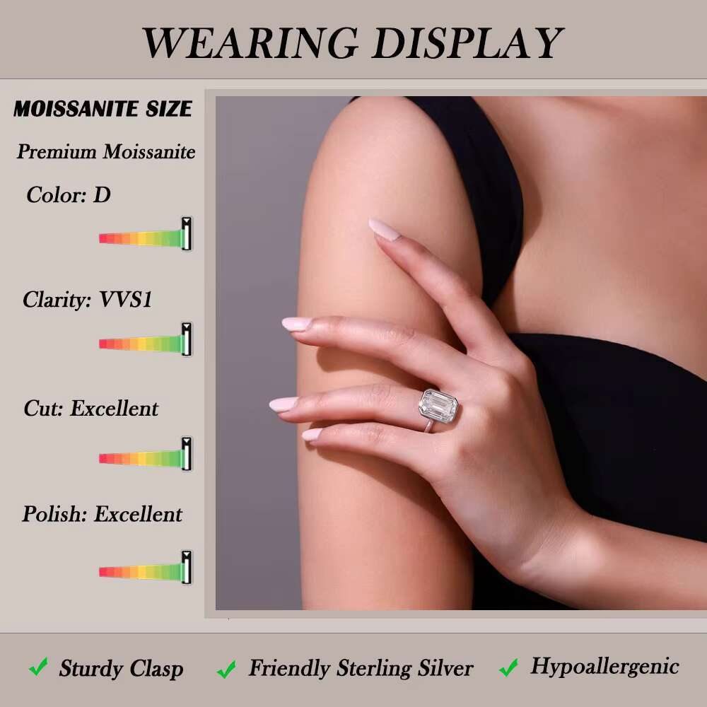 10CTW Moissanite Ring 925 Sterling Silver Platinum Plated Emerald Cut Budget Friendly Statement Style Jewelry for Women