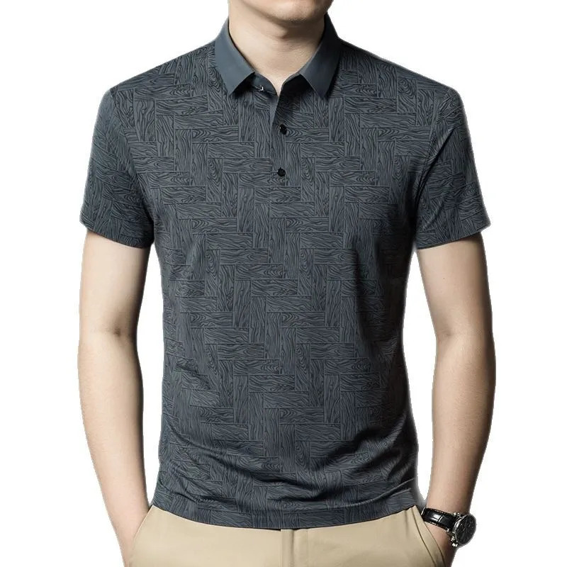 Ice Silk Short-sleeved T-shirt for Men with Lapel Print Summer Thin Casual Short-sleeved Polo Shirt for Men 250526