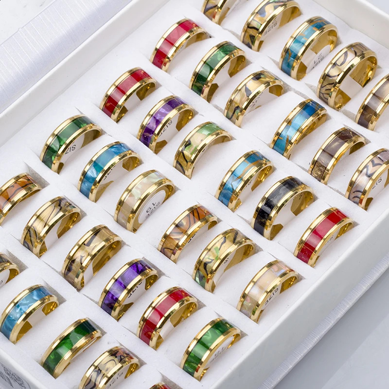 24 Pcs/Lot Fashion Sparkling Multicolor Shells Stainless Steel Rings For Women Men Mix Style Wedding Party Finger Jewelry 250528