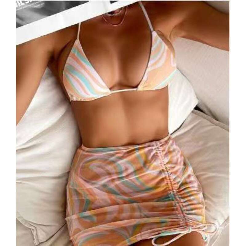 Hot selling split women's sexy striped swimming strap mesh bikini three piece set swimsuit 2025 new casual versatile fashion clothing