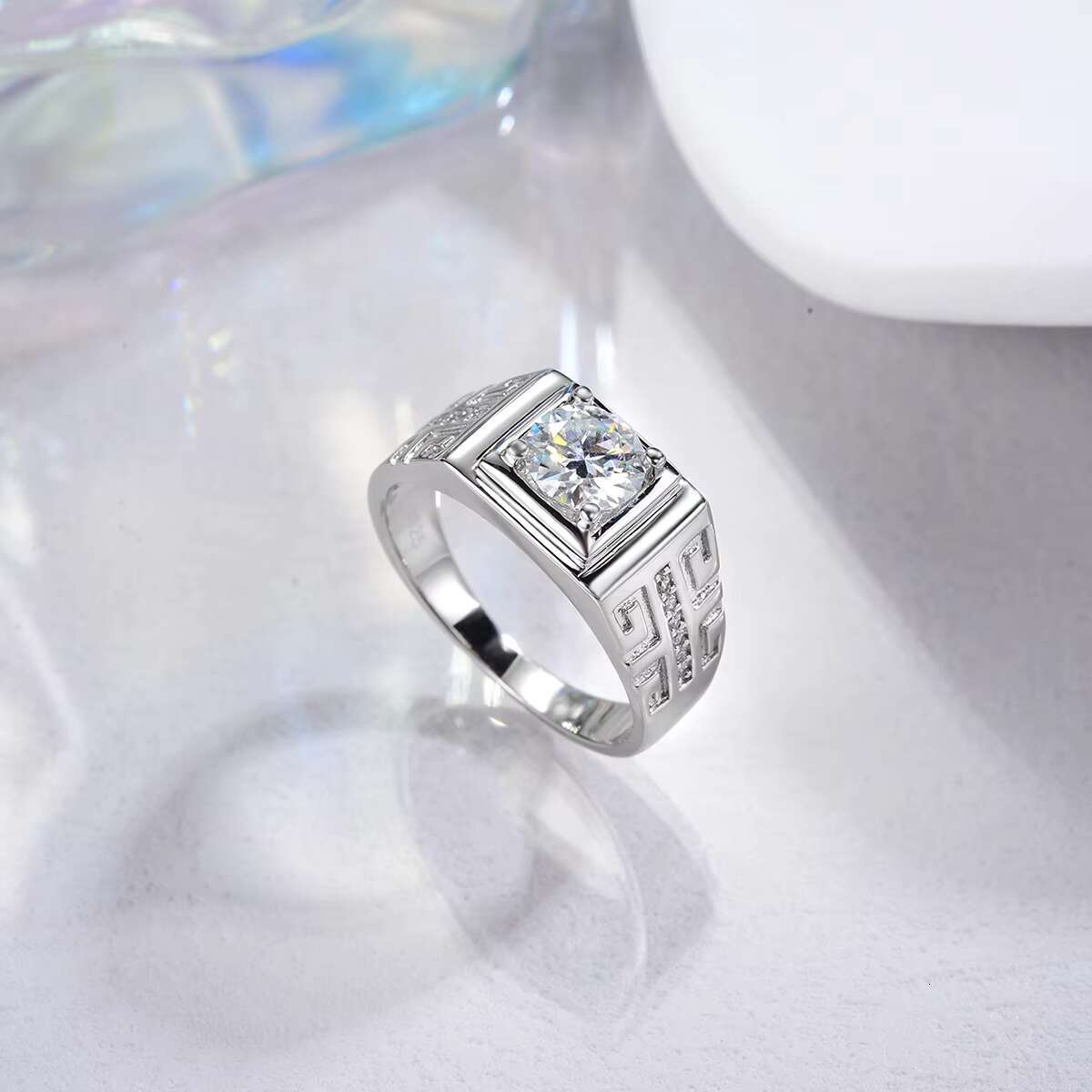 Hip Hop Custom 925 Sterling Silver Cz Moissanite Mens Patterned Rings Round Cut for Mens Wedding Engagement Ring