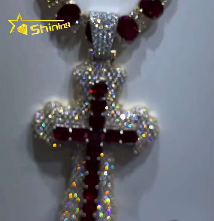 Custom Iced Out Fashion Hip Hop Cross Pendant Jewelry Tennis Chain 925 Silver VVS Moissanite Red Diamond Cross Pendant for Men