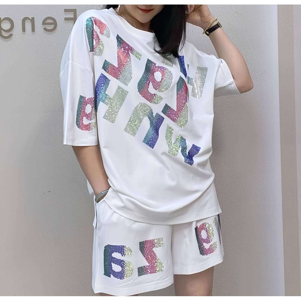Oversized summer short-sleeved T-shirt and shorts casual set, Rhinestone wide-leg pants two-piece women's set