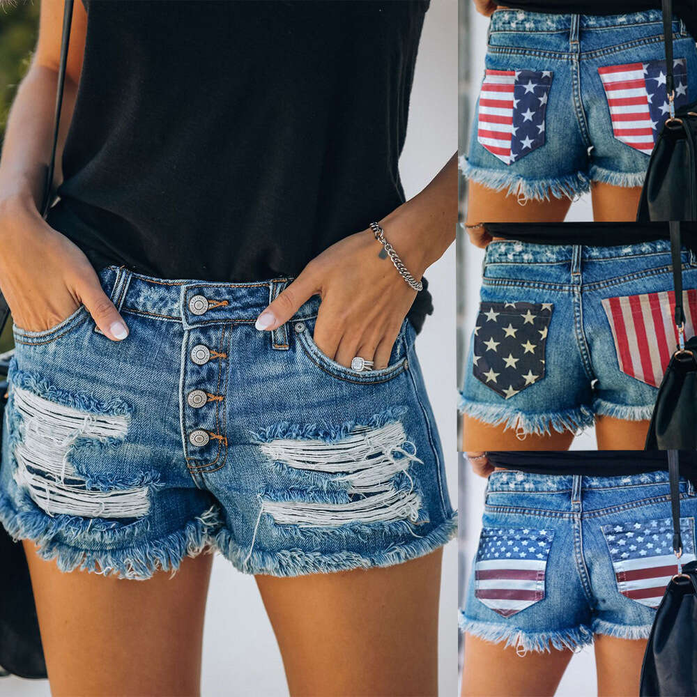 Denim Shorts Jeans Shorts Women S New American Flag Print Slim Fit Ripped Button Up Denim Shorts Ripped Short Jeans