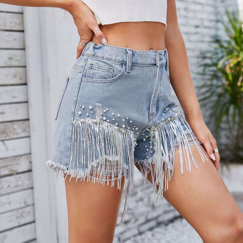 Denim Shorts Jeans Shorts Summer New Washed Rhinestone Beaded Denim Shorts With Fringes Hot Pants Ripped Short Jeans