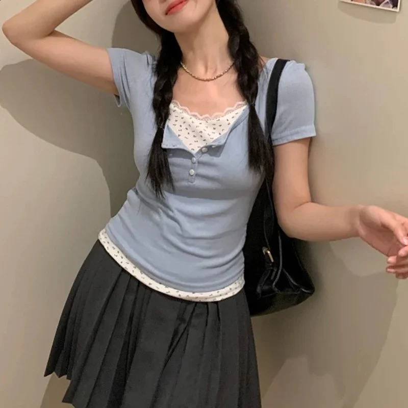 Women Soft Floral Lace Summer Blouse Lady Sweet Button Slim Fit 2024 Spliced Tops Female Seaside er Short sleeved T-shirt 250521