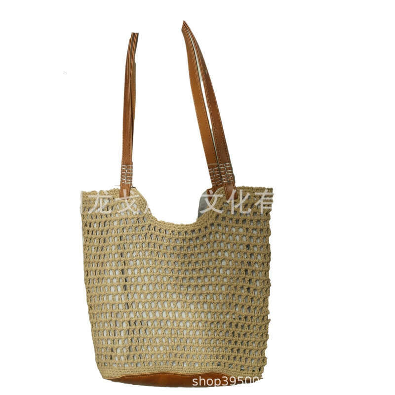 Straw Beach Tote Genuine Leather Underarm Summer High Value Beach Outing Straw Woven Handmade Commuting Large Capacity Tote Bag Shopping Crossbody Bag