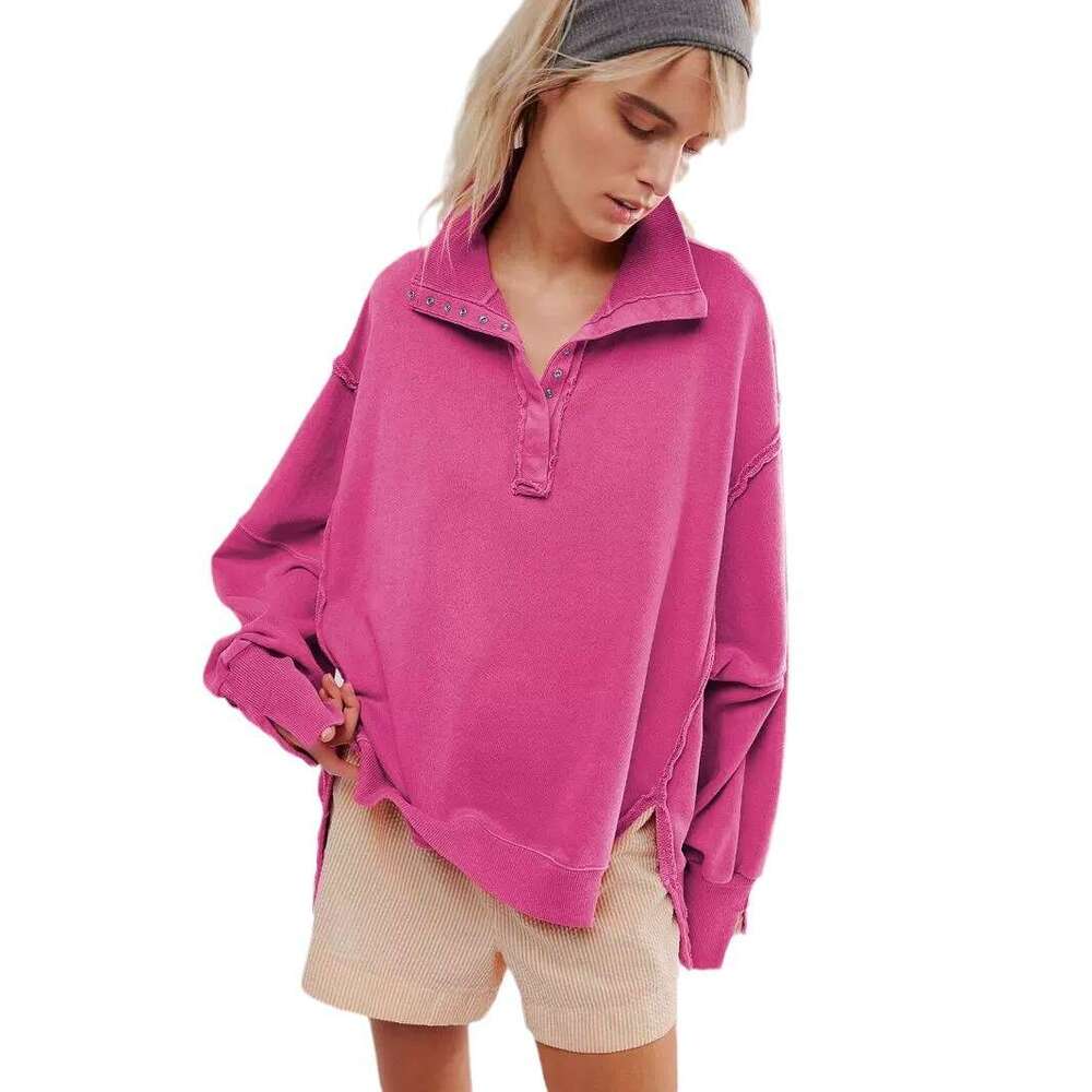 Decorative Line Design Sense Top with Split Lantern Sleeves Polo Collar Sweatshirt Jacket for Women Spring and Autumn