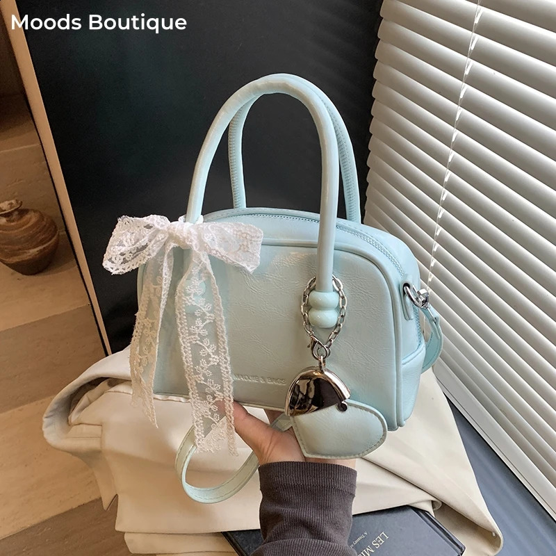 MOODS Mini Boston Shoulder Crossbody Bags For Women Lace Bowknot Round Top-handle Bag With Heart Pendant Handbags 250530