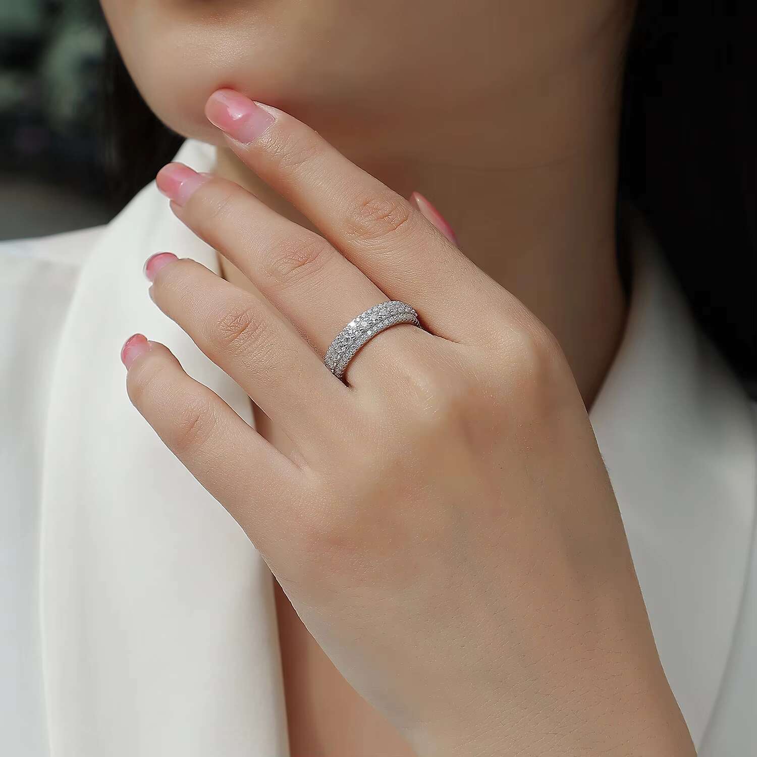 Zanlong 13251 d Color Vvs1 18k White Gold Sterling Silver Three Row Men Women Full Eternity Stone Irregular Ring Moissanite Band