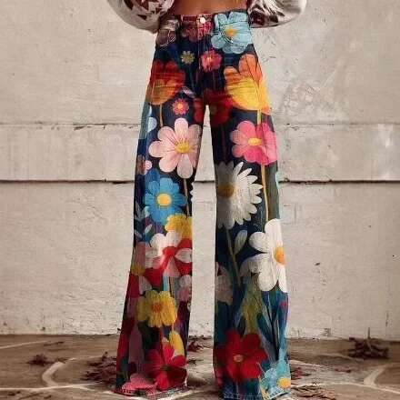Spring Summer Wide Leg Pants Casual Long Trousers 3D Print Women Flared Plus Size Straight Type Female Jeans