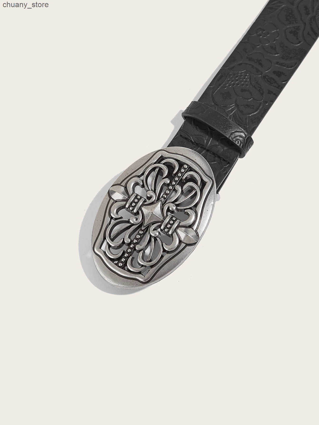 One oval buckle black pattern PU belt for men and women z250602