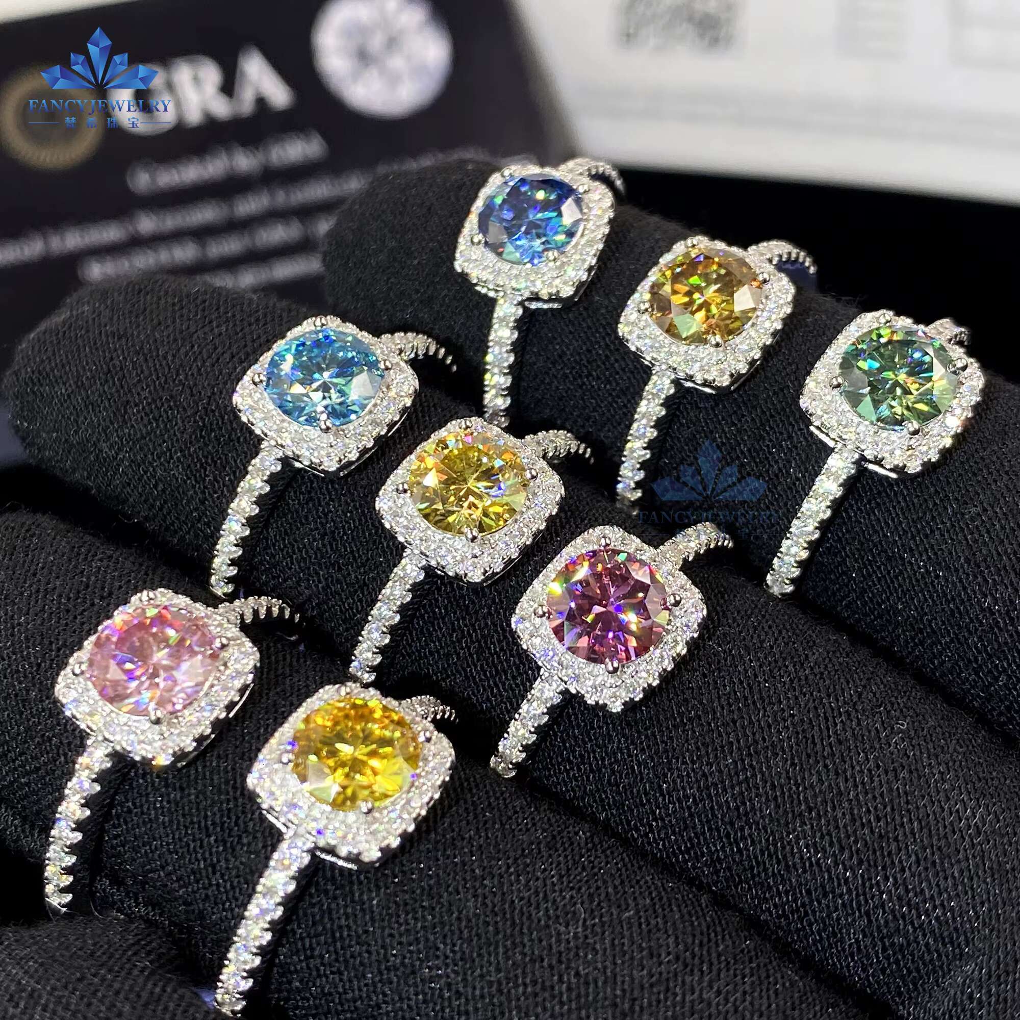 Iced Out Diamond Wedding Ring 1CT 6.5mm Pass Diamond Tester Blue Red Yellow Green Black K Gold Plated Moissanite halo Ring
